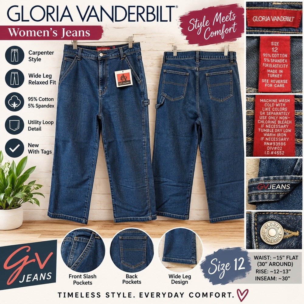 Gloria Vanderbilt Womens Carpenter Jeans Size 12 Wide Leg Relaxed Fit Blue Denim